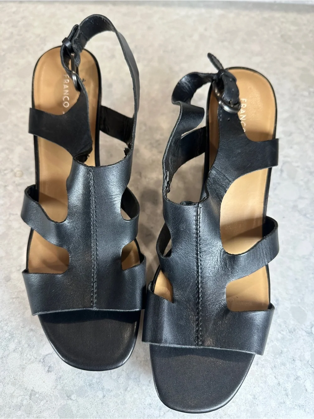 Franco Sarto Black Leather Cutout Wedge Sandals with Slingback